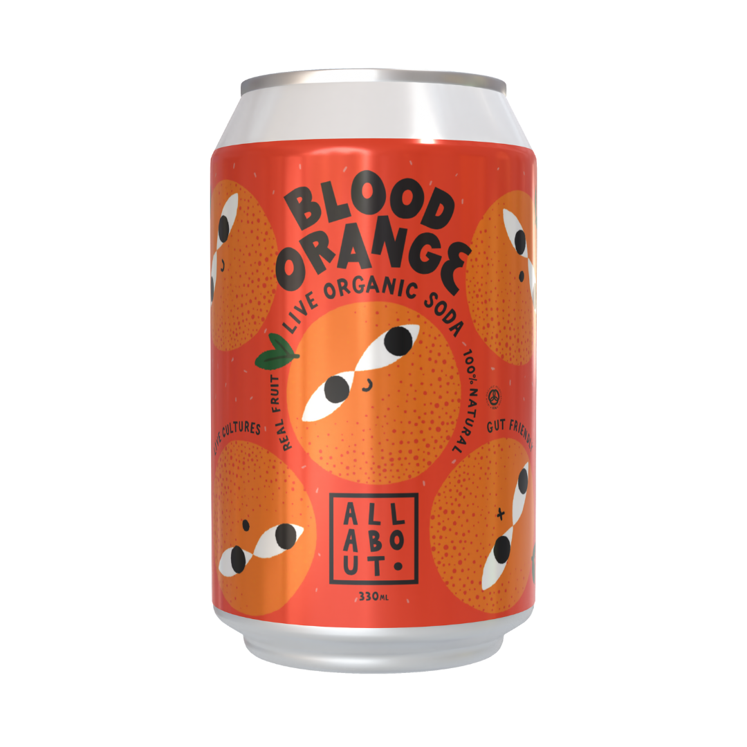 Blood Orange A-Live Soda can with playful citrus-themed design and All About Kombucha branding on red-orange label