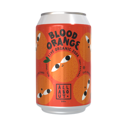 Blood Orange A-Live Soda can with playful citrus-themed design and All About Kombucha branding on red-orange label