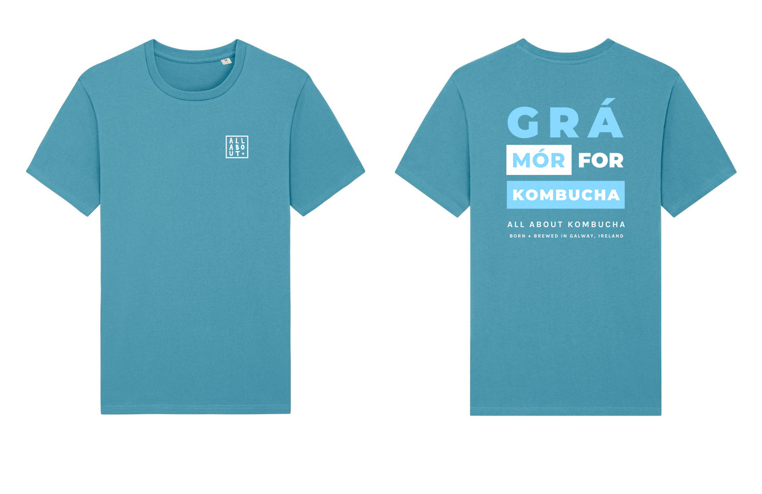 Front and back designs of All About Kombucha's branded blue t-shirt side by side with logo on front chest and the text 'Grá Mór for Kombucha' on the back